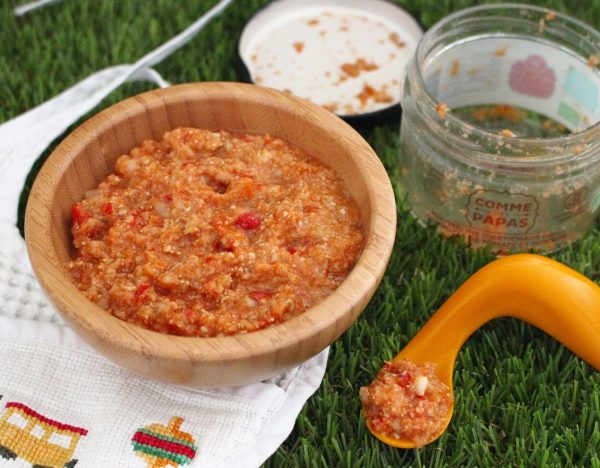 Recette bébé Mousseline d'artichaut, tofu, compotée de tomate et poivron par Comme des papas Collection été